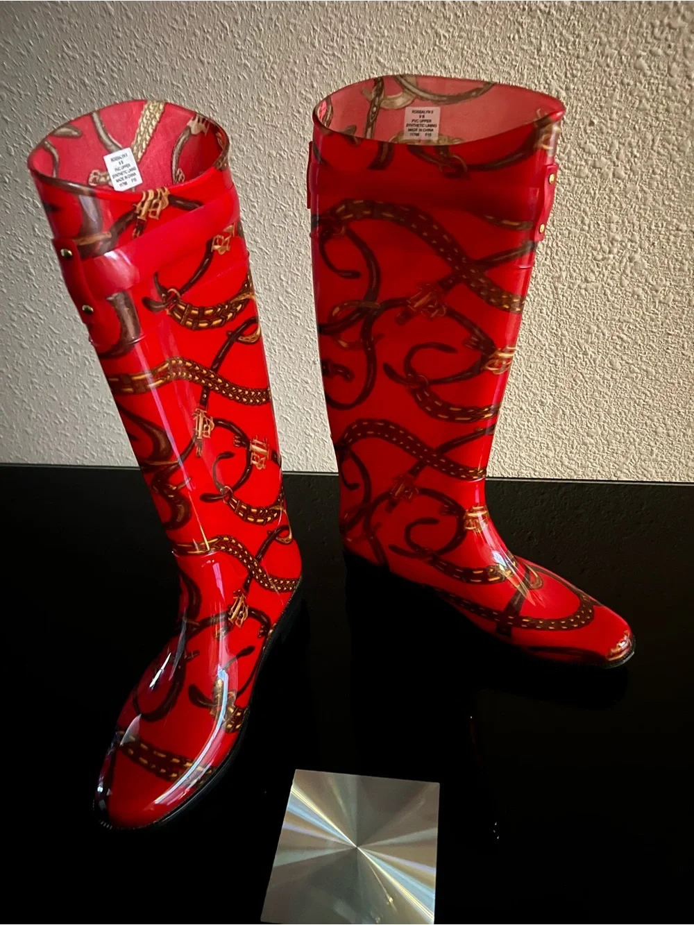 Lauren Ralph Lauren Red Patterned Gloss Rain Boots with Buckle Accent